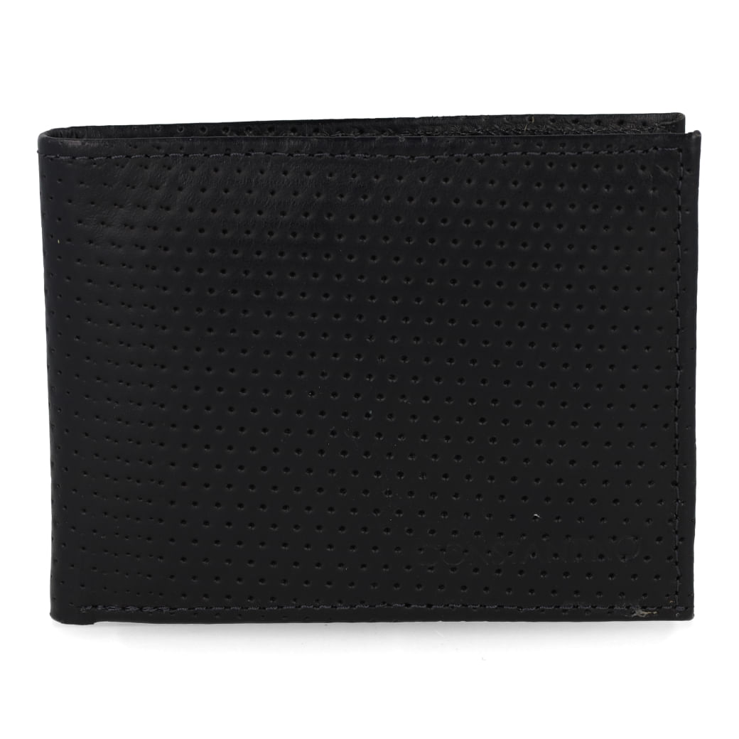 Carteira masculina Constantino preta com textura de falso furo, vista frontal fechada